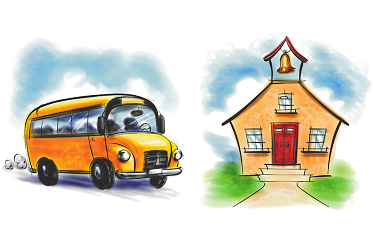 school bus and schoolhouse